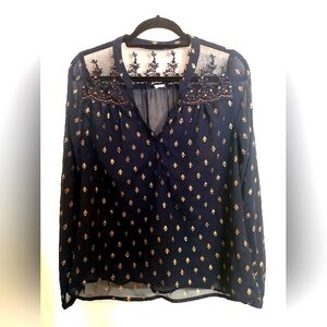 Bila Sheer Women's Blue and Gold Blouse Sz 20x25.5 Inches